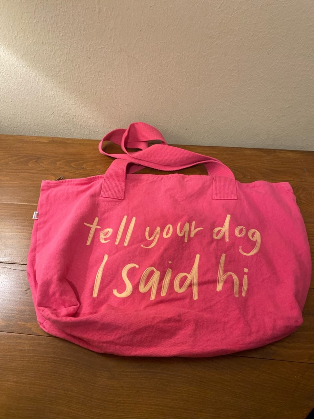 ‘Tell Your Dog I Said Hi' Zipped Pink Canvas Large Zipped Sachel Tote USA Dogmom